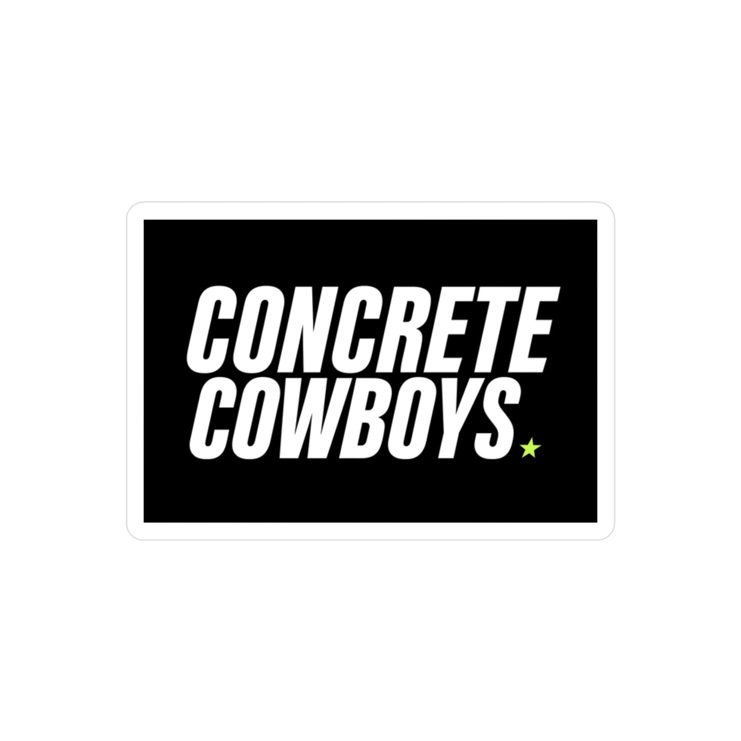 Satin kiss-cut vinyl decal featuring classic Concrete Cowboys wordmark logo. Available in 3x4, 4x6, and 6x8 inch sizes.