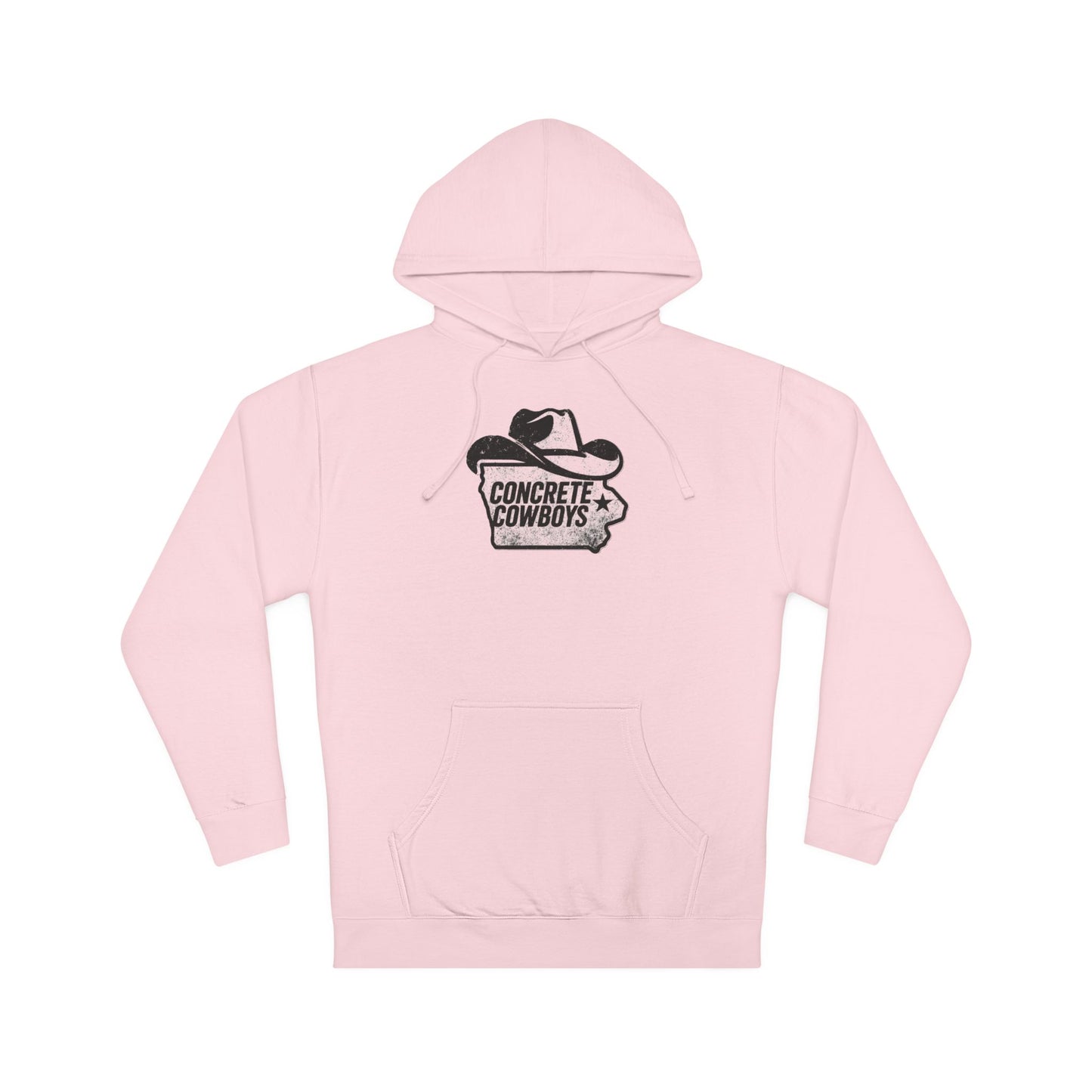 Heavyweight pullover hoodie in light pink with Iowa Cowboy graphic.