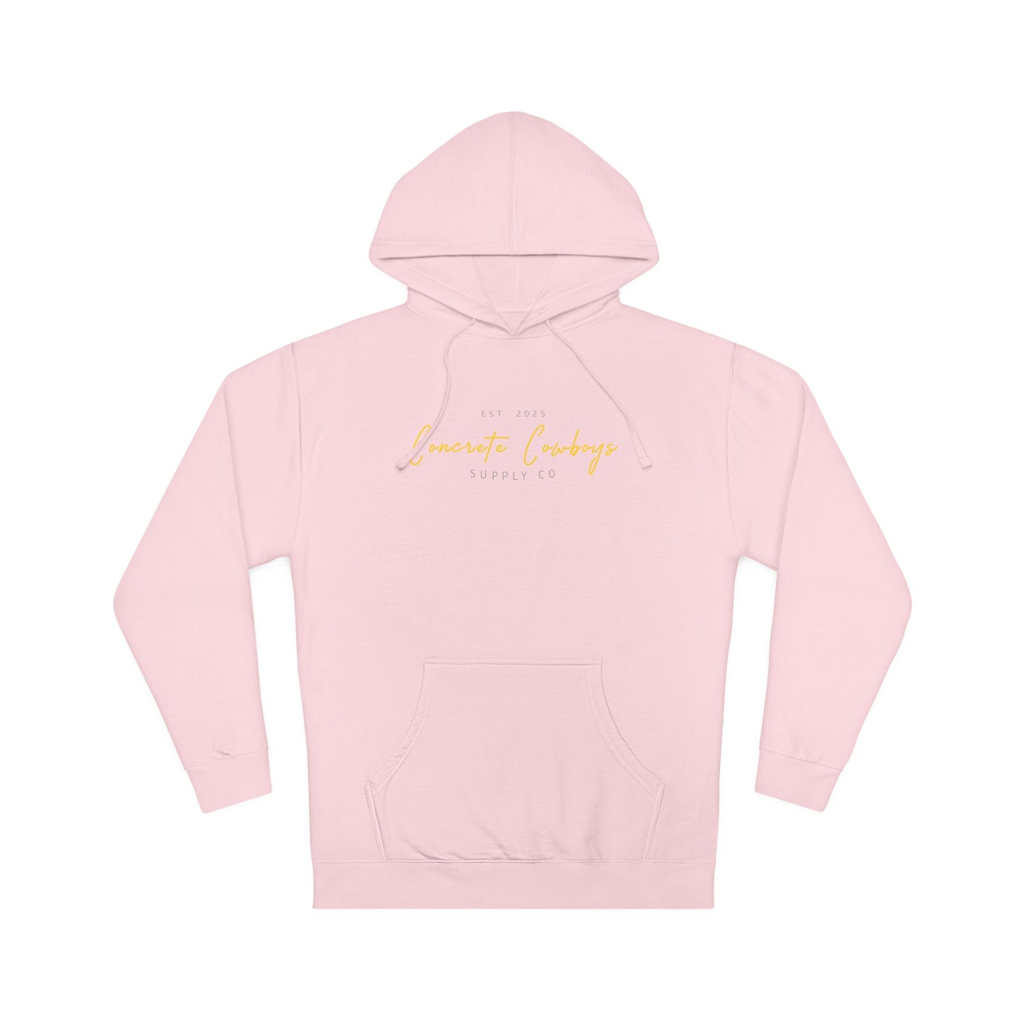 Heavyweight pullover hoodie in light pink with Supply Co. logo.