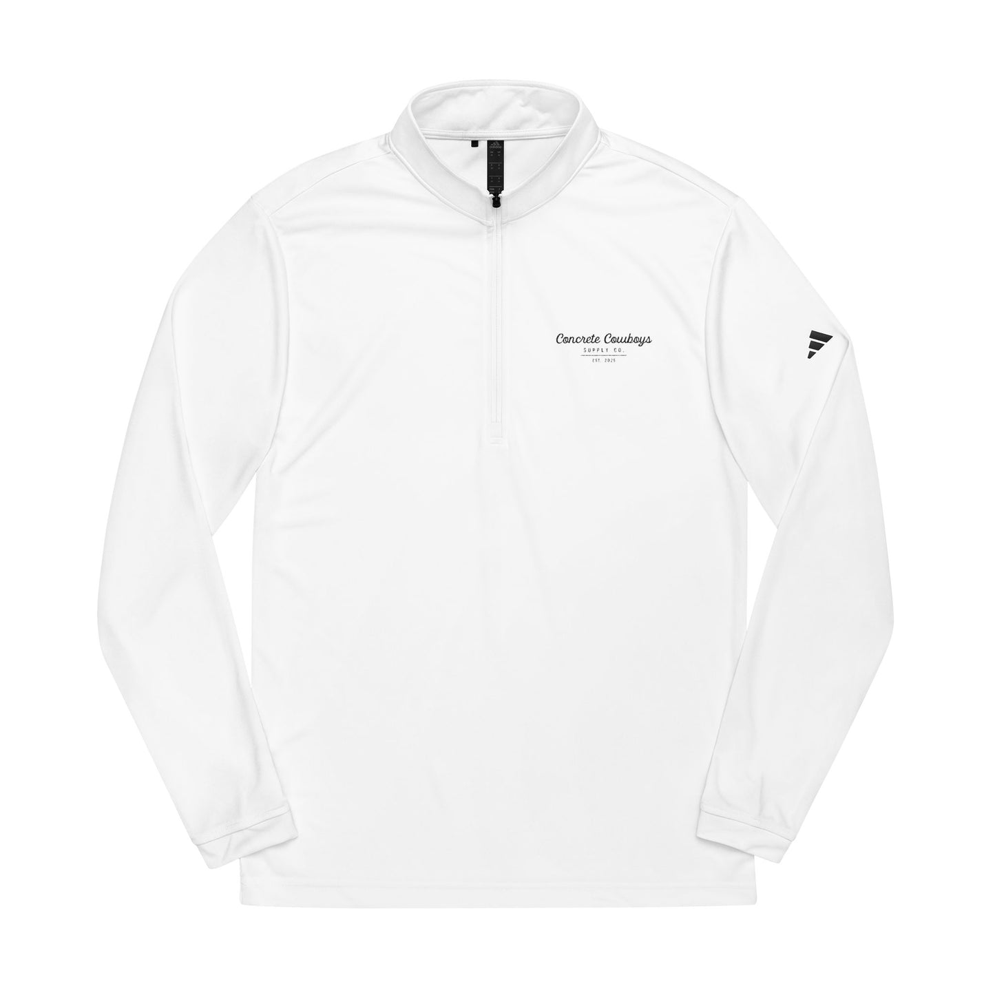Quarter-zip sweatshirt in white with Supply Co. EST logo.
