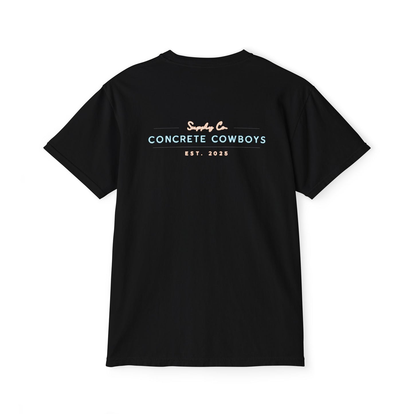 Concrete Cowboys Supply Co. black pocket t-shirt back featuring supply company design