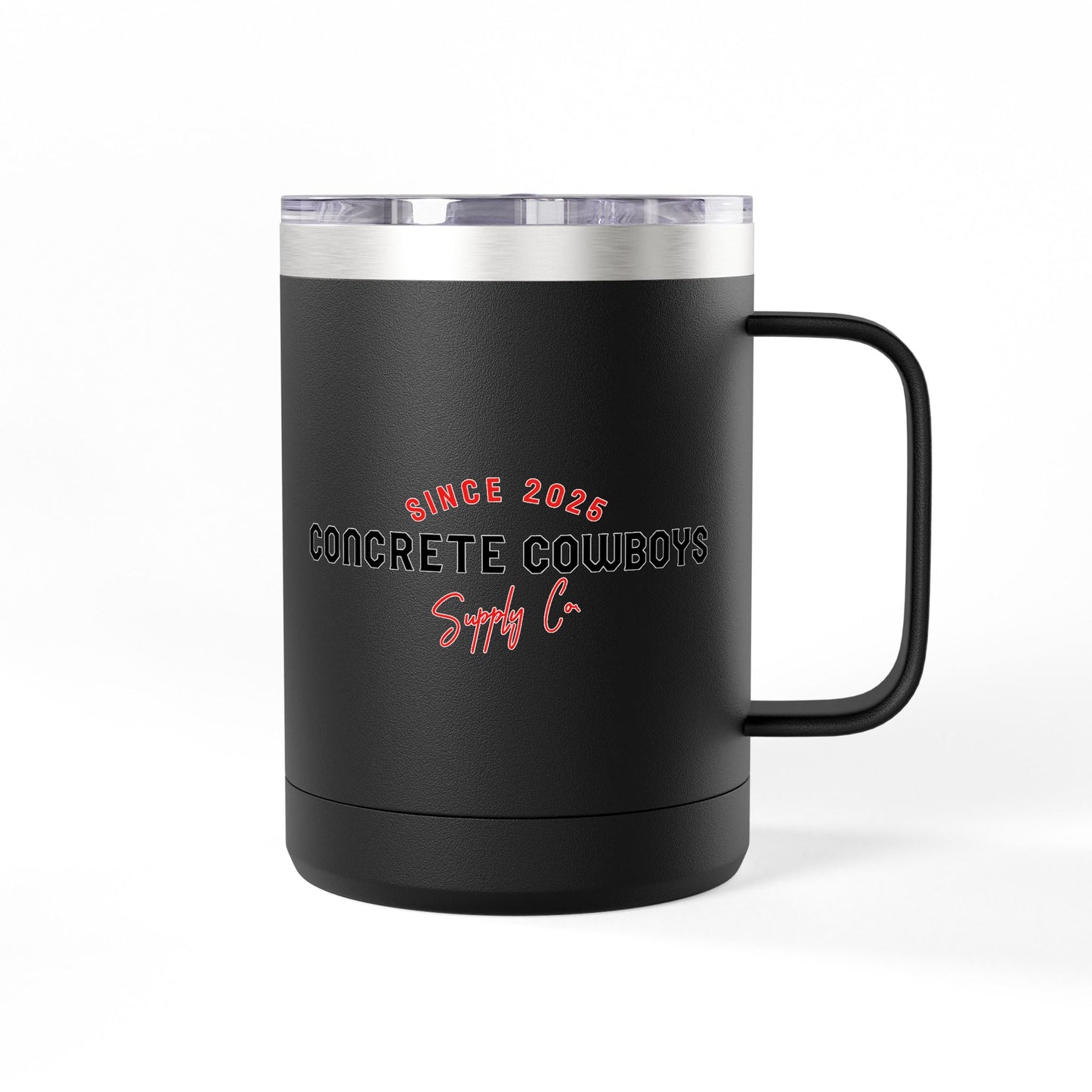 15oz black insulated coffee mug featuring Concrete Cowboys Supply Co. logo. Double-wall insulation.