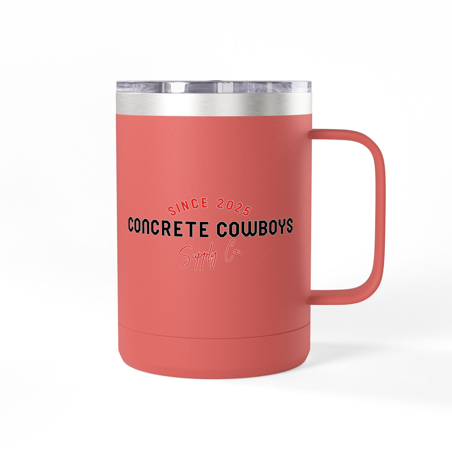 15oz coral insulated coffee mug featuring Concrete Cowboys Supply Co. logo. Double-wall insulation.