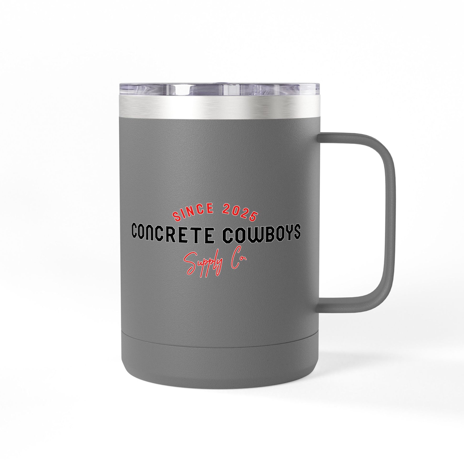 15oz dark gray insulated coffee mug featuring Concrete Cowboys Supply Co. logo. Double-wall insulation.
