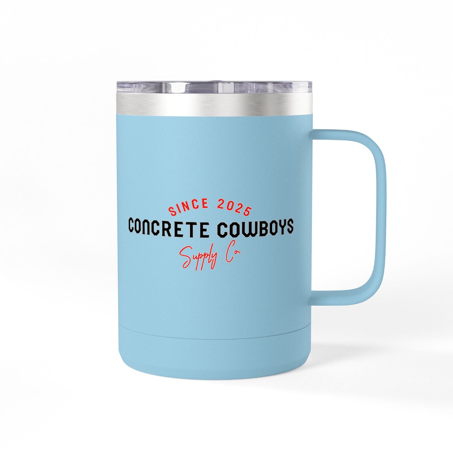 15oz light blue insulated coffee mug featuring Concrete Cowboys Supply Co. logo. Double-wall insulation.