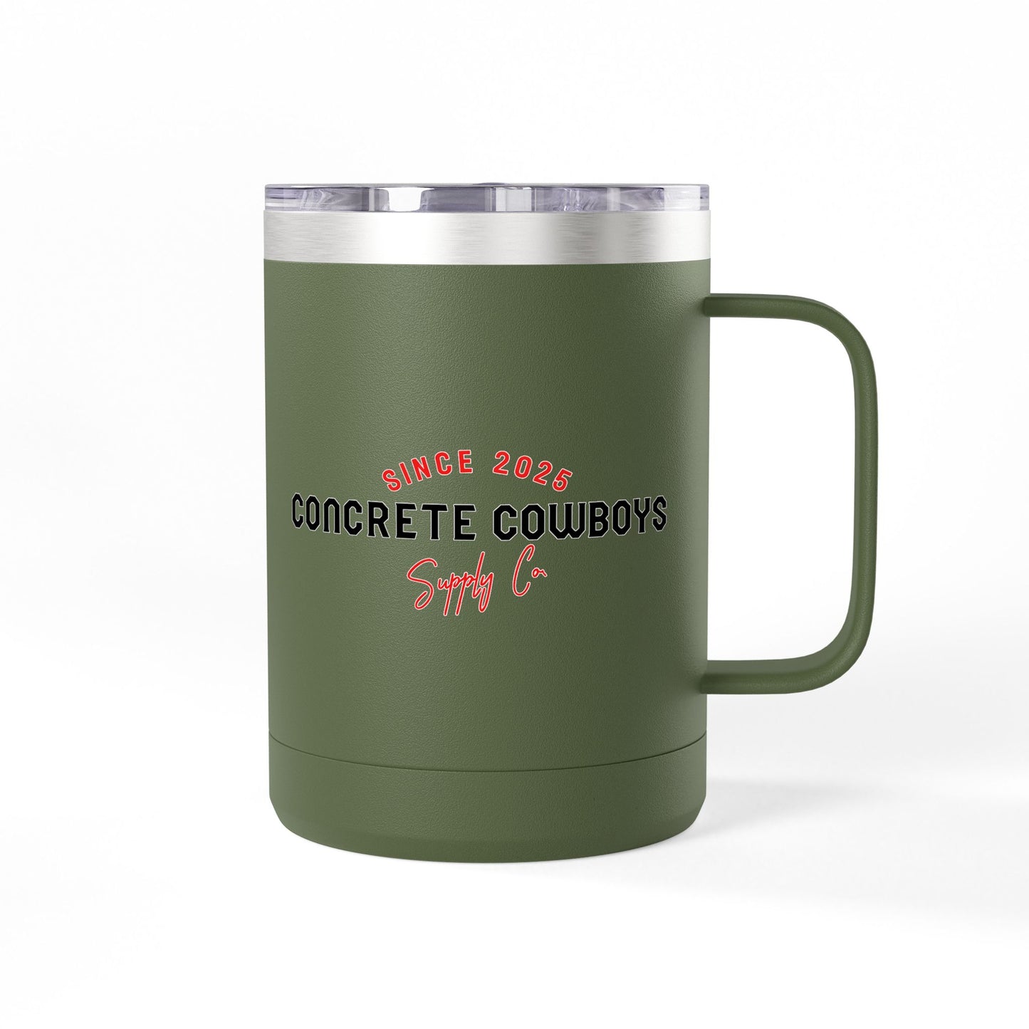 15oz olive green insulated coffee mug featuring Concrete Cowboys Supply Co. logo. Double-wall insulation.