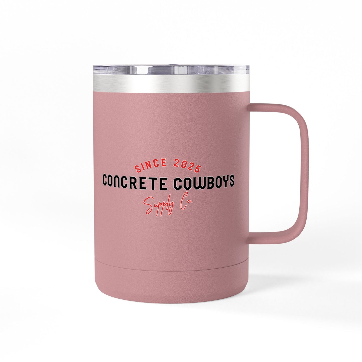 15oz pink insulated coffee mug featuring Concrete Cowboys Supply Co. logo. Double-wall insulation.