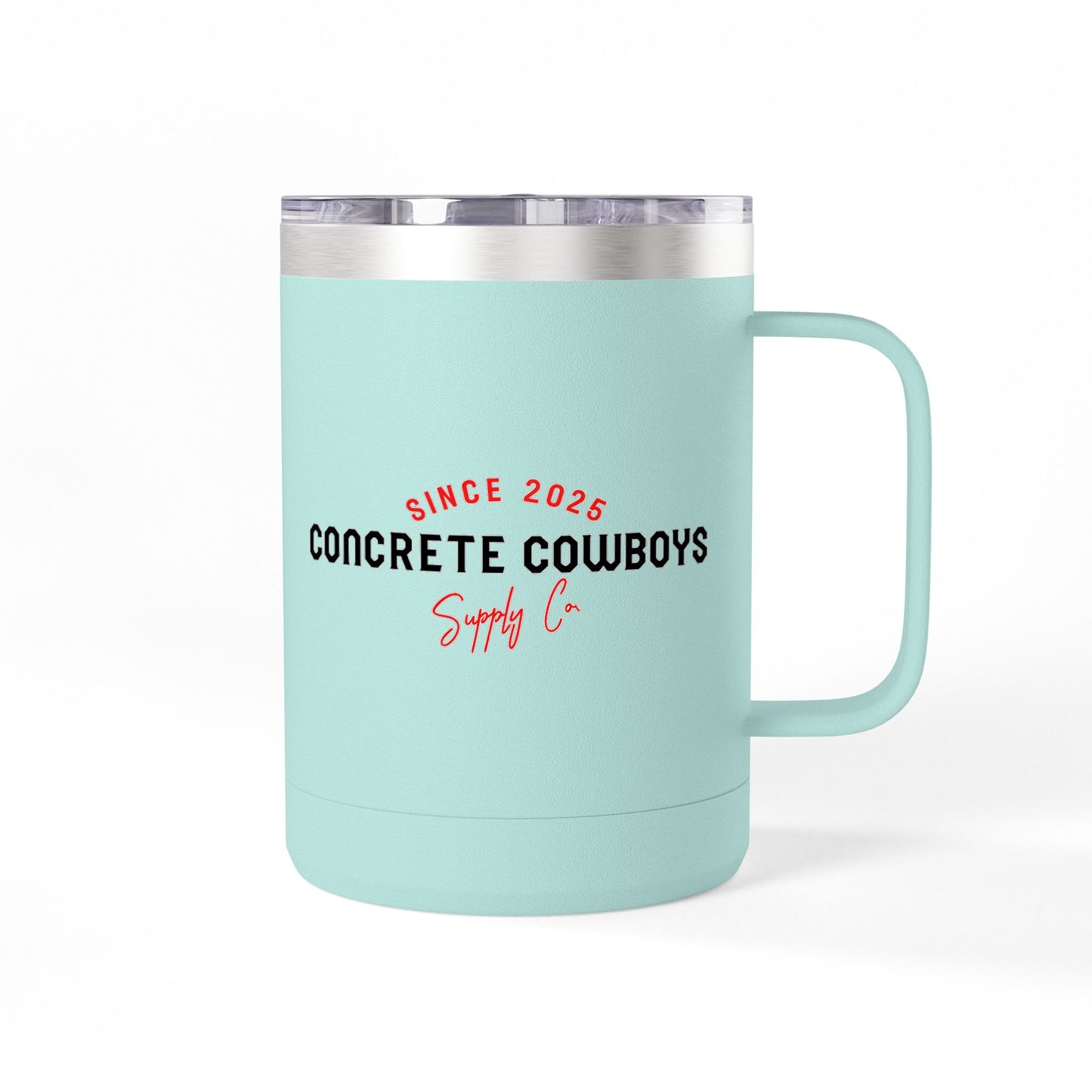 15oz teal insulated coffee mug featuring Concrete Cowboys Supply Co. logo. Double-wall insulation