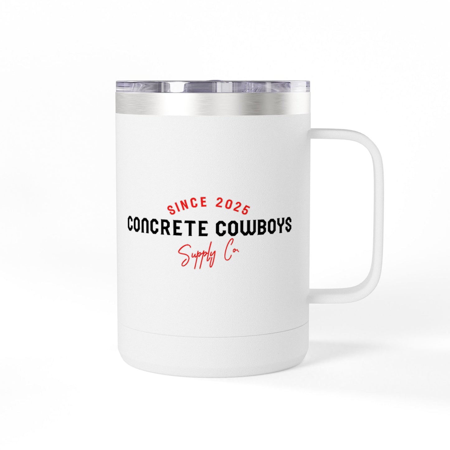 15oz white insulated coffee mug featuring Concrete Cowboys Supply Co. logo. Double-wall insulation.