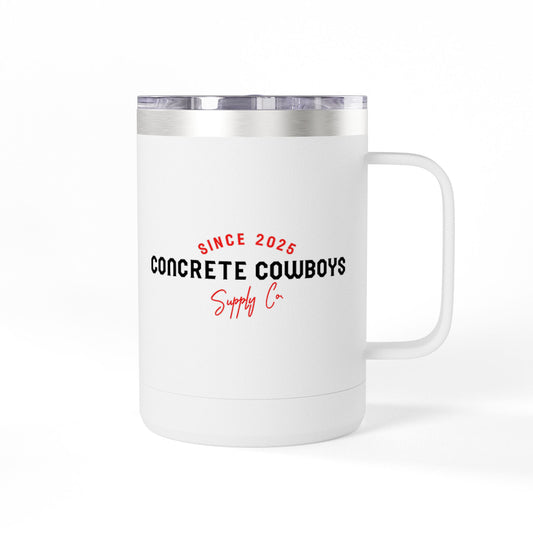 15oz white insulated coffee mug featuring Concrete Cowboys Supply Co. logo. Double-wall insulation.