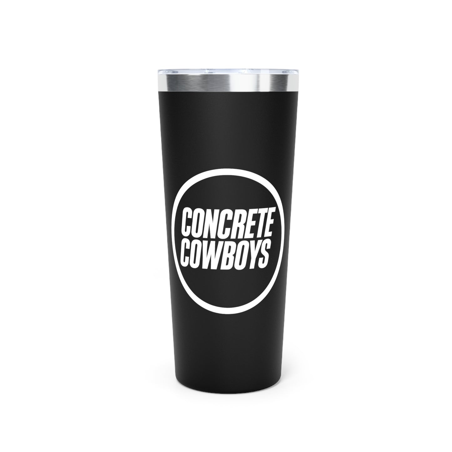 22oz black insulated tumbler with Concrete Cowboys circle stamp logo. Double-wall vacuum insulation.
