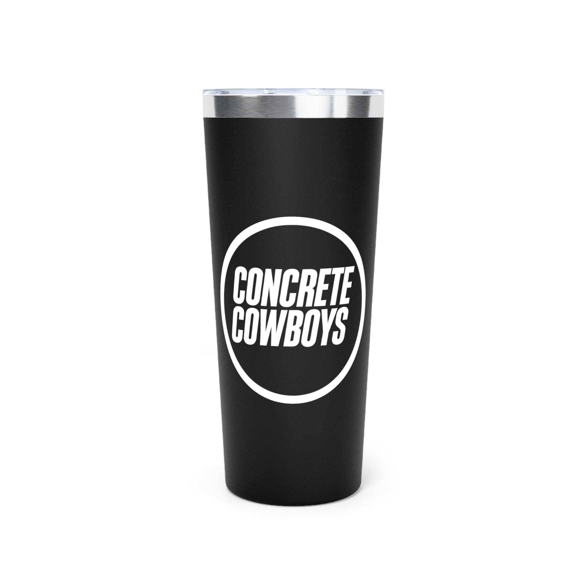 22oz black insulated tumbler with Concrete Cowboys circle stamp logo. Double-wall vacuum insulation.
