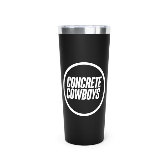22oz black insulated tumbler with Concrete Cowboys circle stamp logo. Double-wall vacuum insulation.
