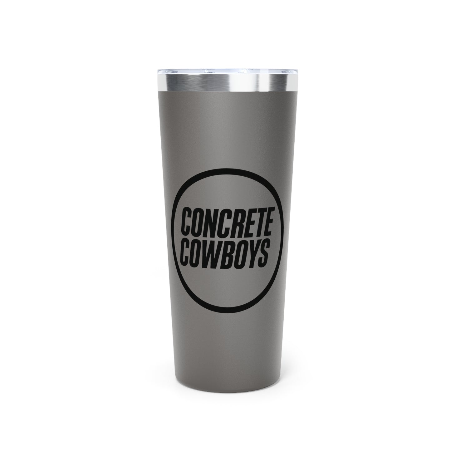 22oz gray insulated tumbler with Concrete Cowboys circle stamp logo. Double-wall vacuum insulation.