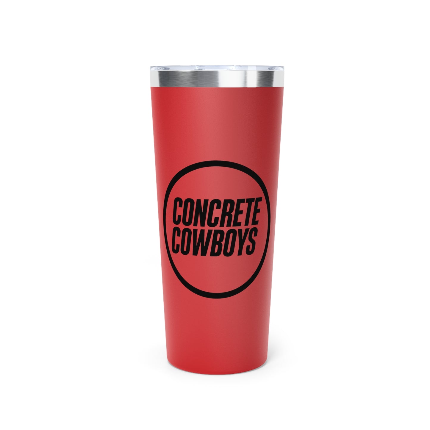 22oz red insulated tumbler with Concrete Cowboys circle stamp logo. Double-wall vacuum insulation.
