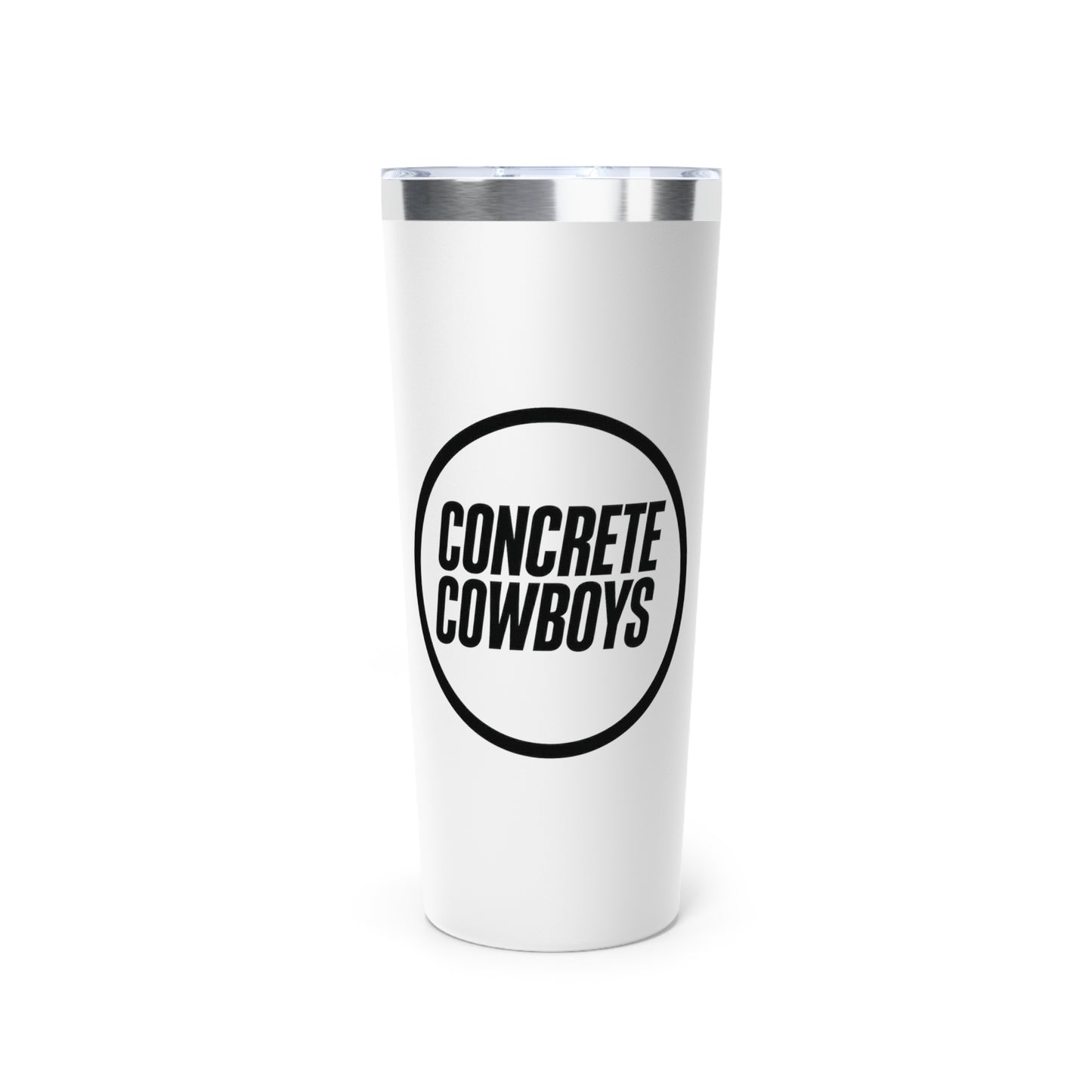 22oz white insulated tumbler with Concrete Cowboys circle stamp logo. Double-wall vacuum insulation.