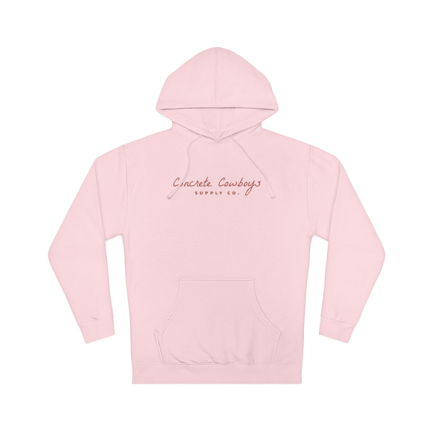 Hooded sweatshirt in light pink with Supply Co. logo.