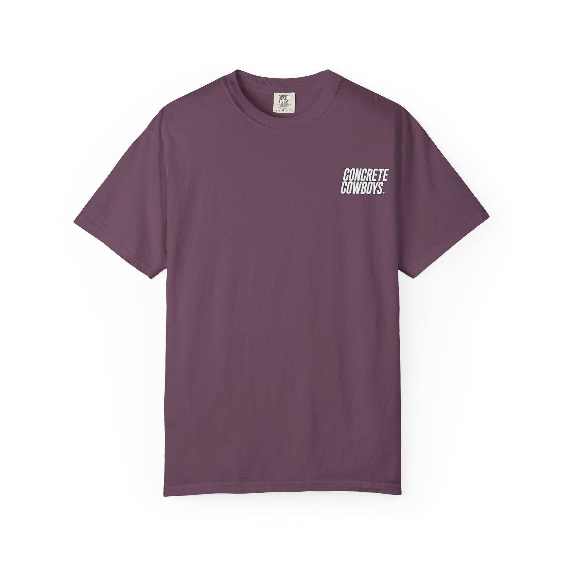 T-shirt in berry with classic Concrete Cowboys logo on front.