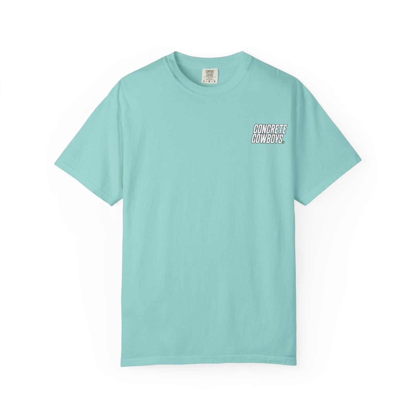 T-shirt in chalky mint with classic Concrete Cowboys logo on front.