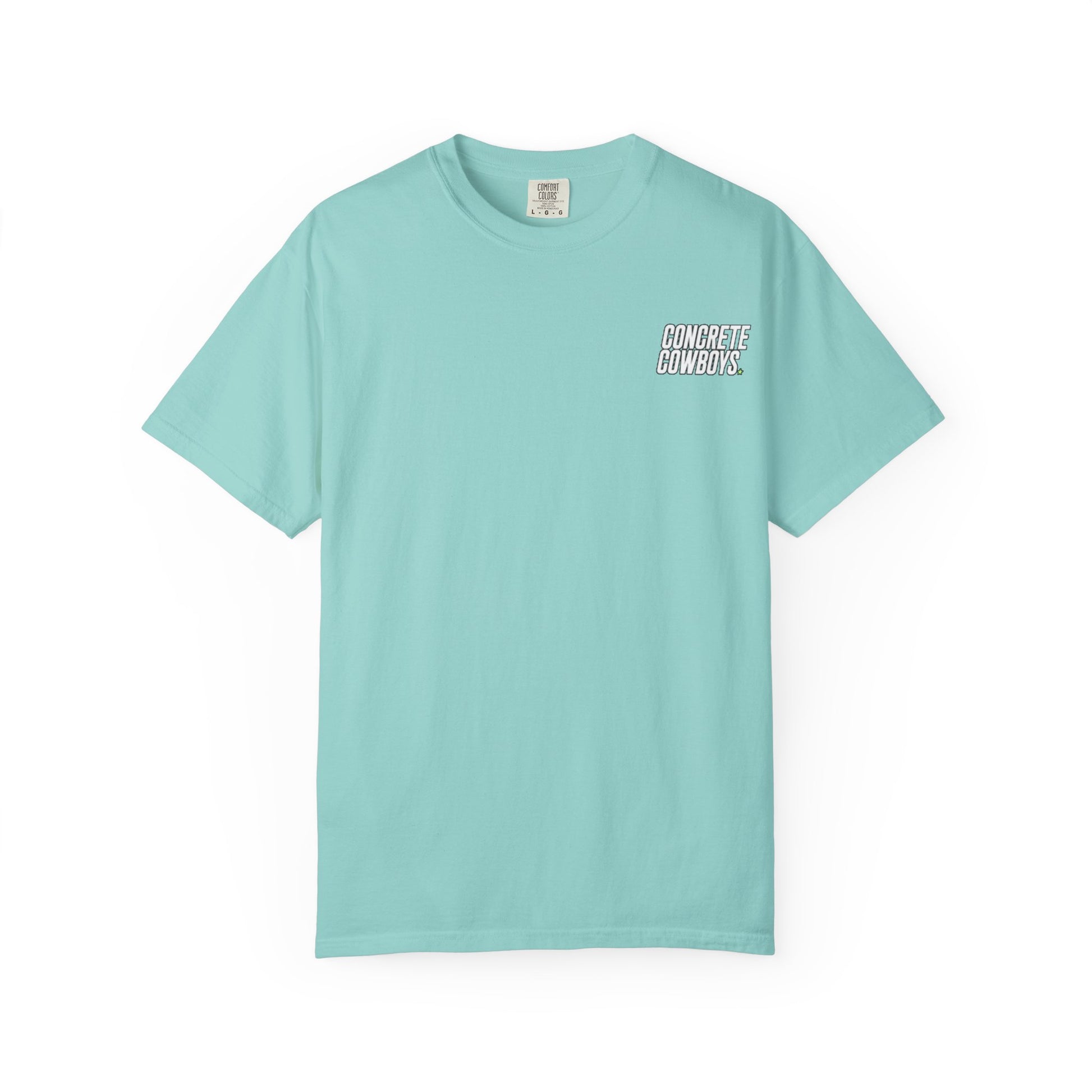 T-shirt in chalky mint with classic Concrete Cowboys logo on front.