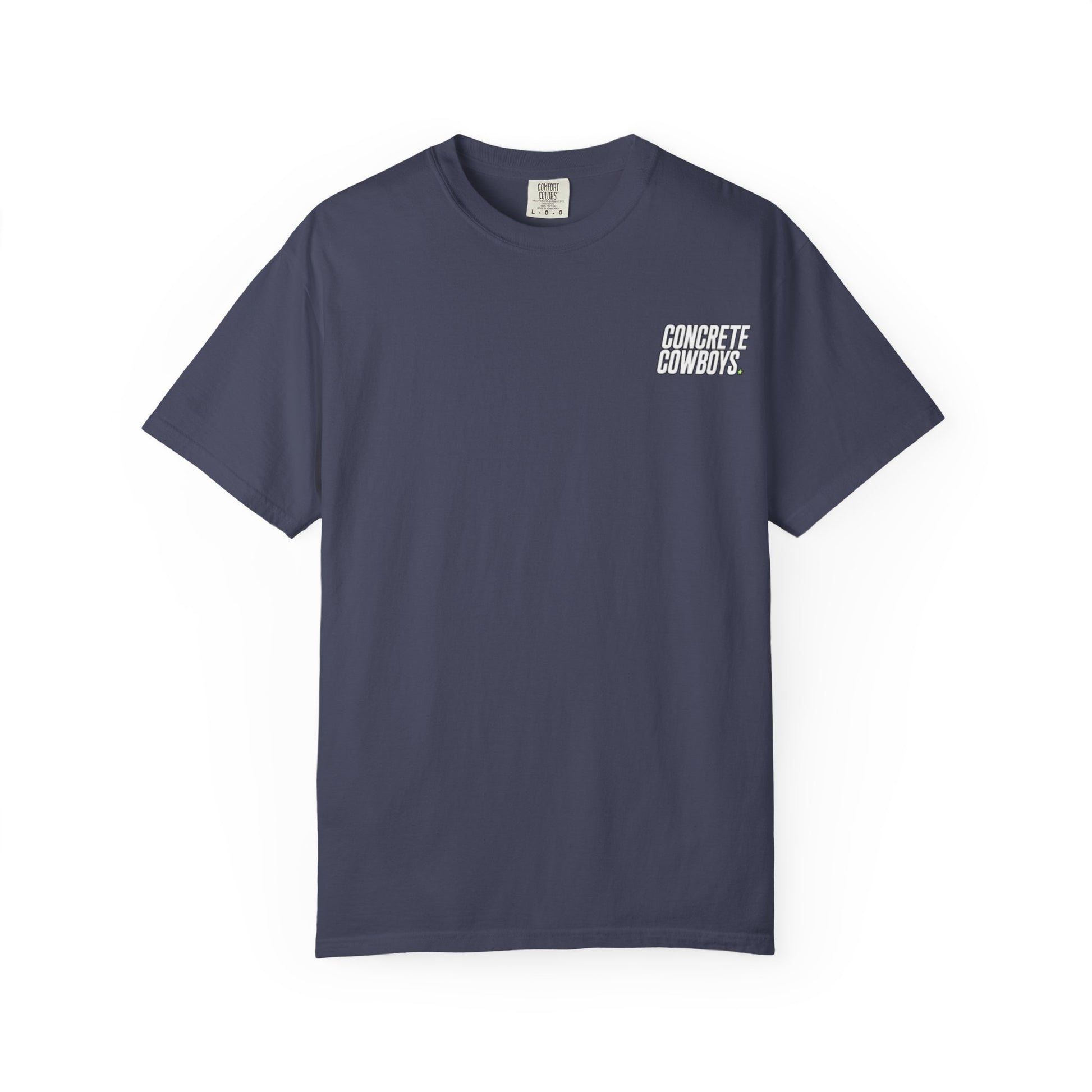 T-shirt in denim with classic Concrete Cowboys logo on front.
