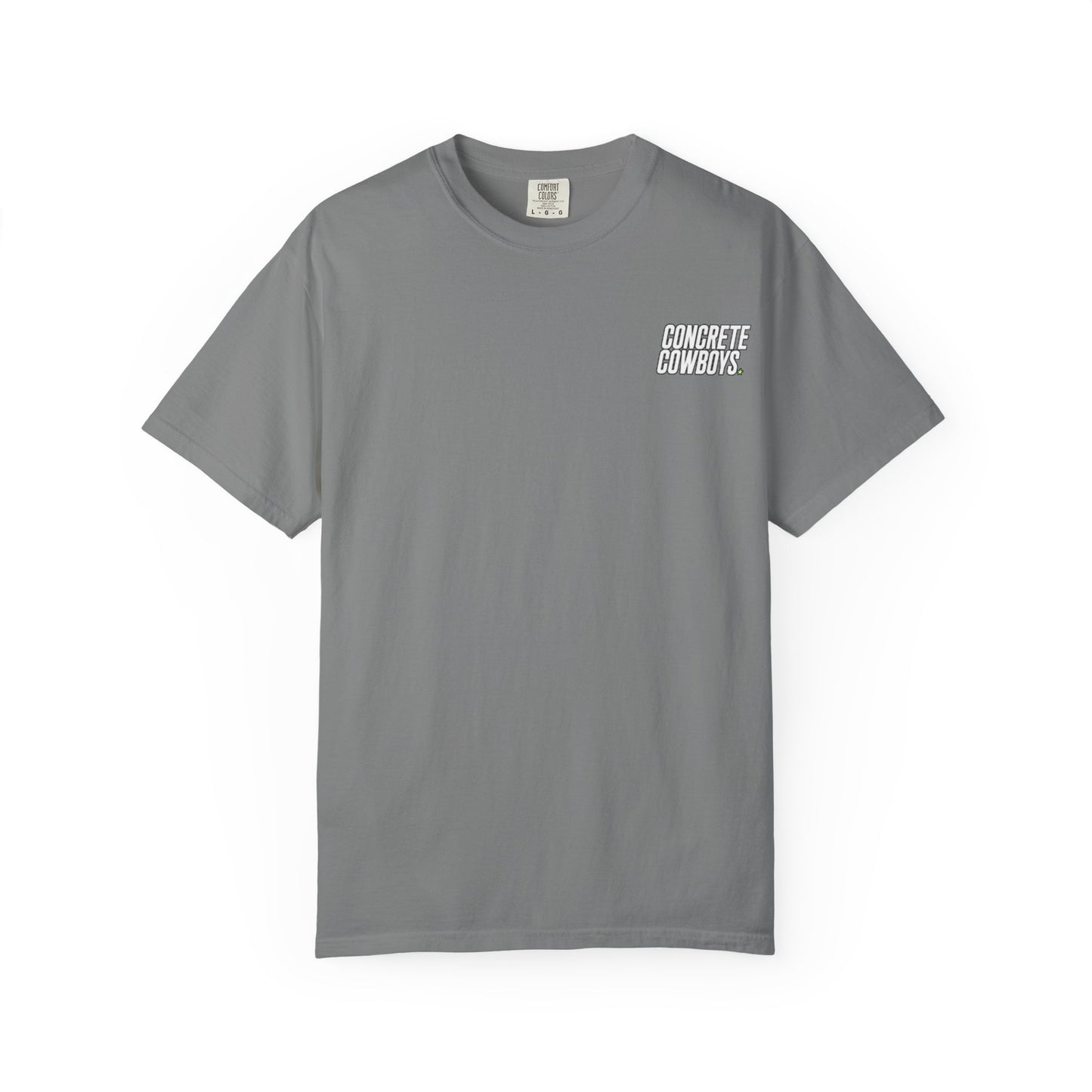 T-shirt in granite with classic Concrete Cowboys logo on front.