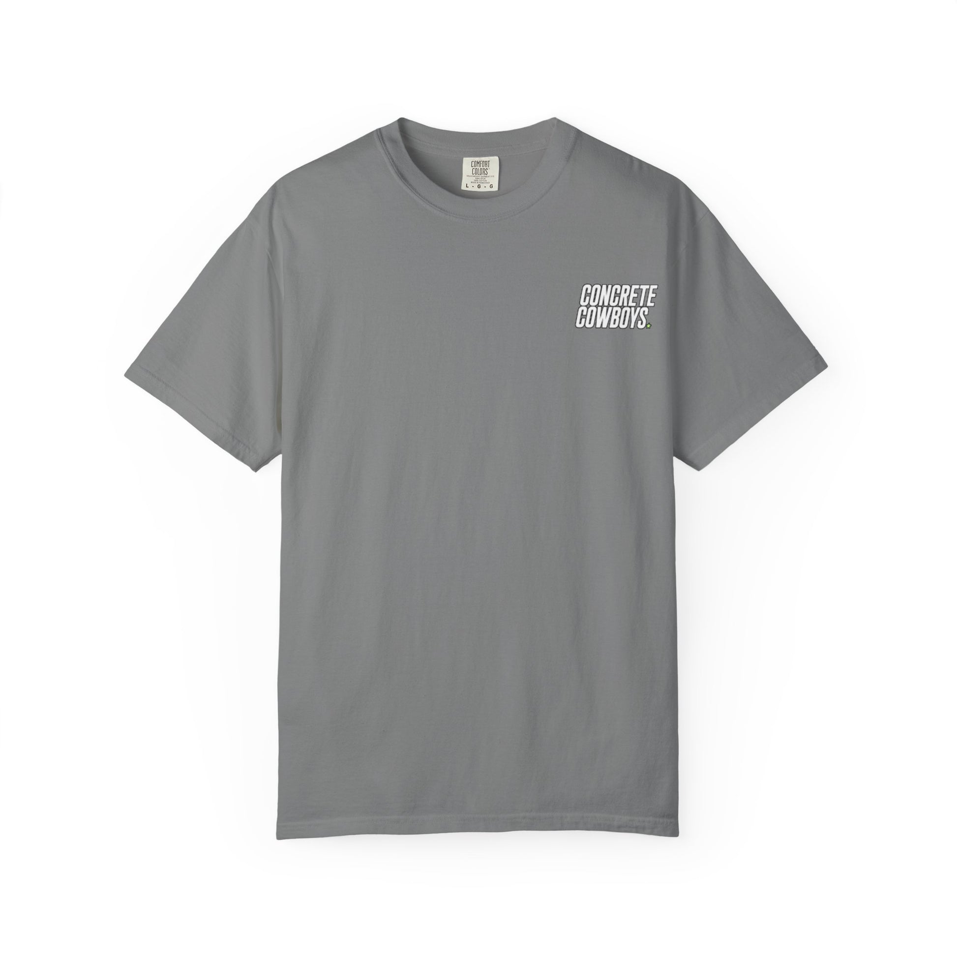 T-shirt in granite with classic Concrete Cowboys logo on front.