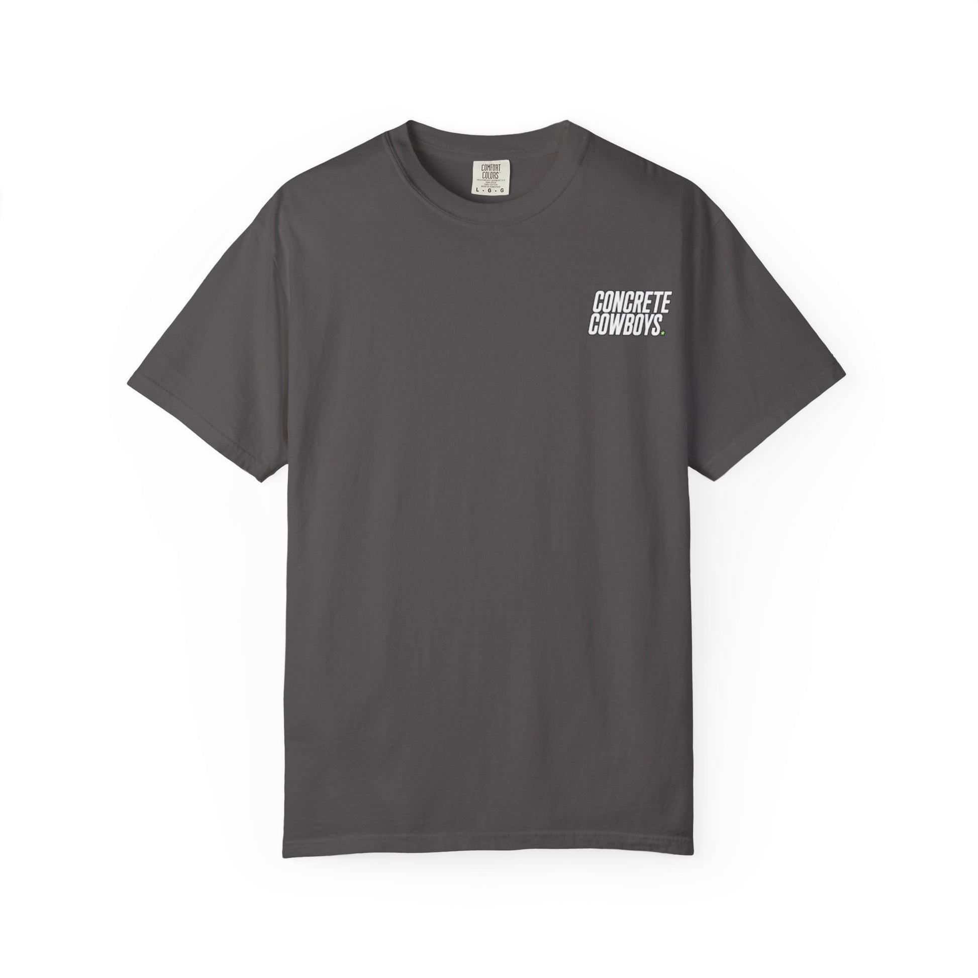 T-shirt in graphite with classic Concrete Cowboys logo on front.