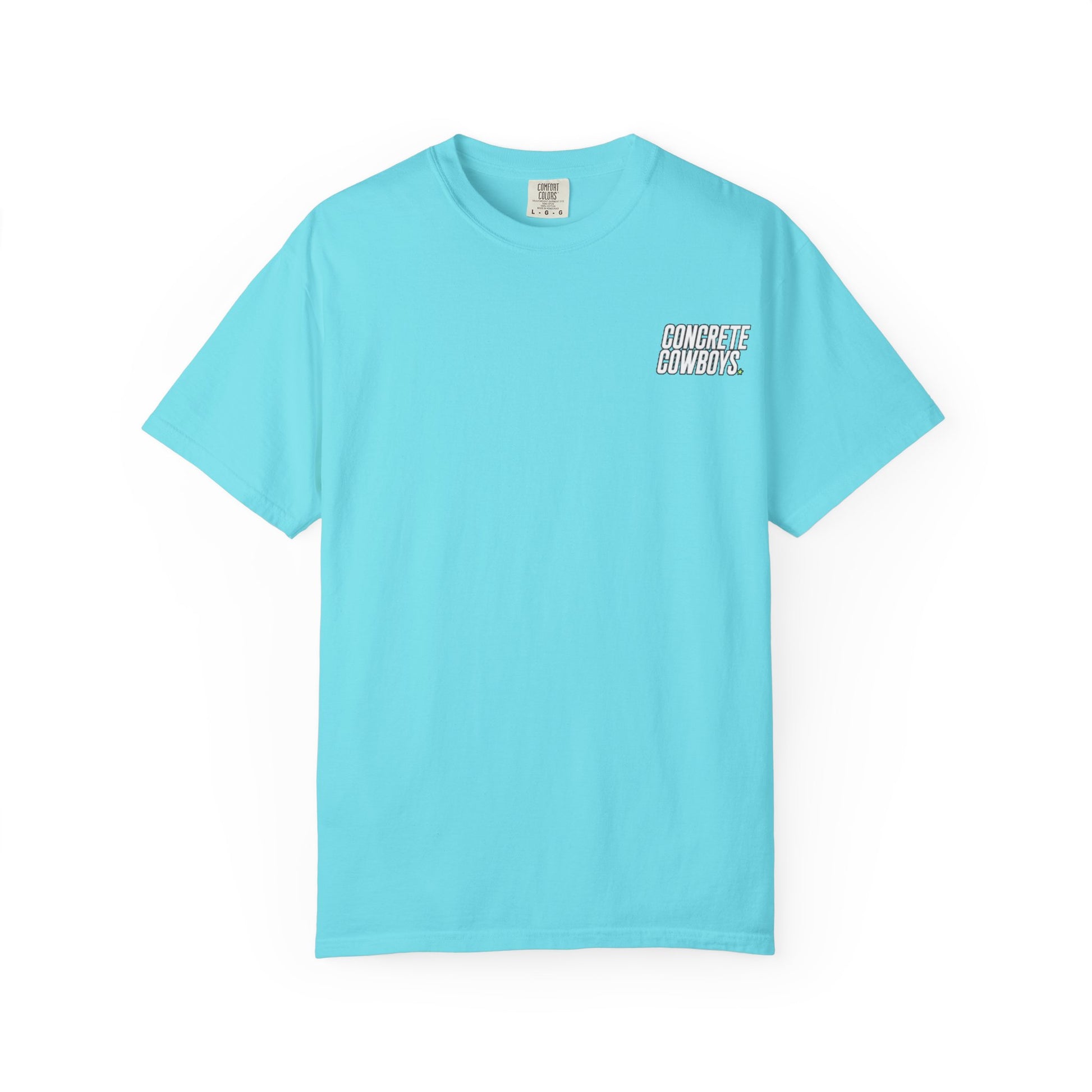 T-shirt in lagoon blue with classic Concrete Cowboys logo on front.