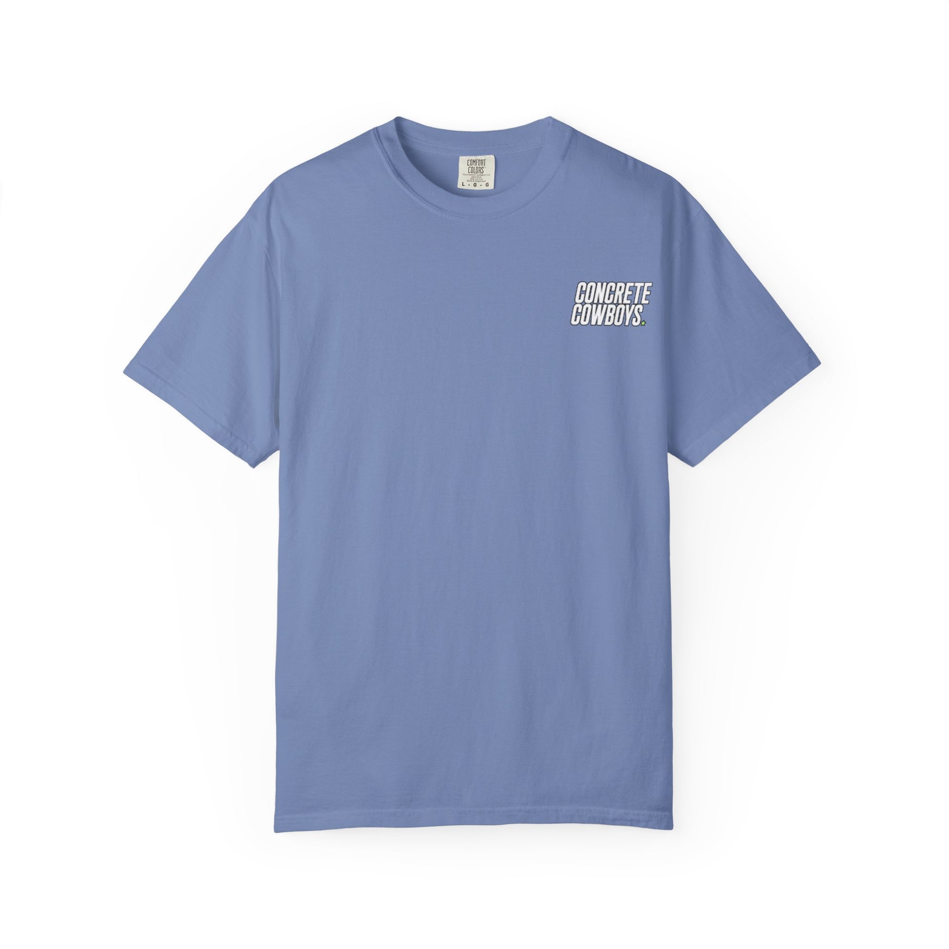 T-shirt in washed denim with classic Concrete Cowboys logo on front.

