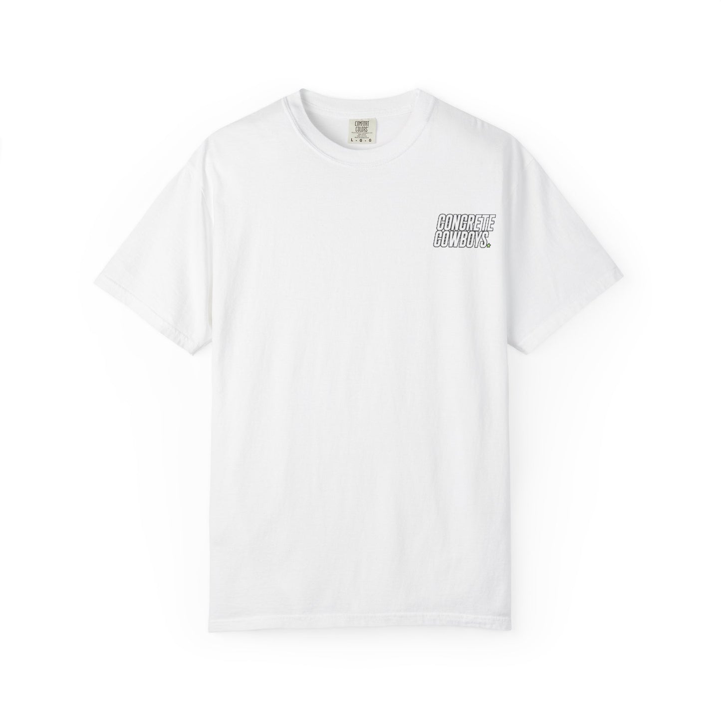 T-shirt in white with classic Concrete Cowboys logo on front.