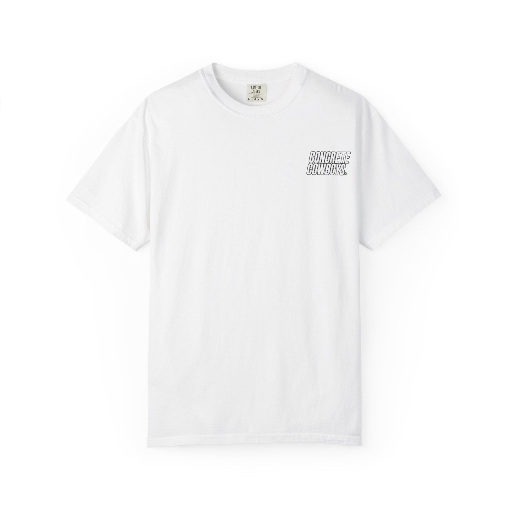 T-shirt in white with classic Concrete Cowboys logo on front.