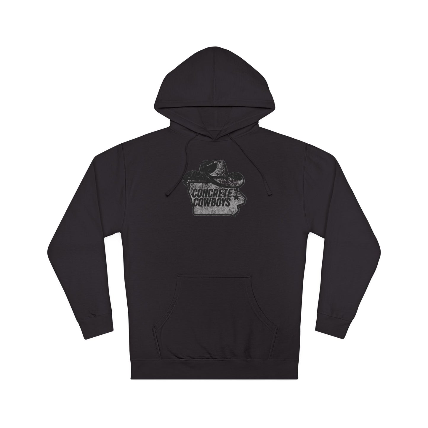 Heavyweight pullover hoodie in black with Iowa Cowboy graphic.