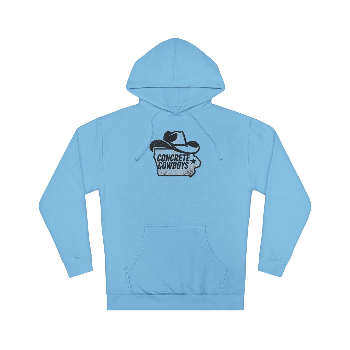 Heavyweight pullover hoodie in blue aqua with Iowa Cowboy graphic.