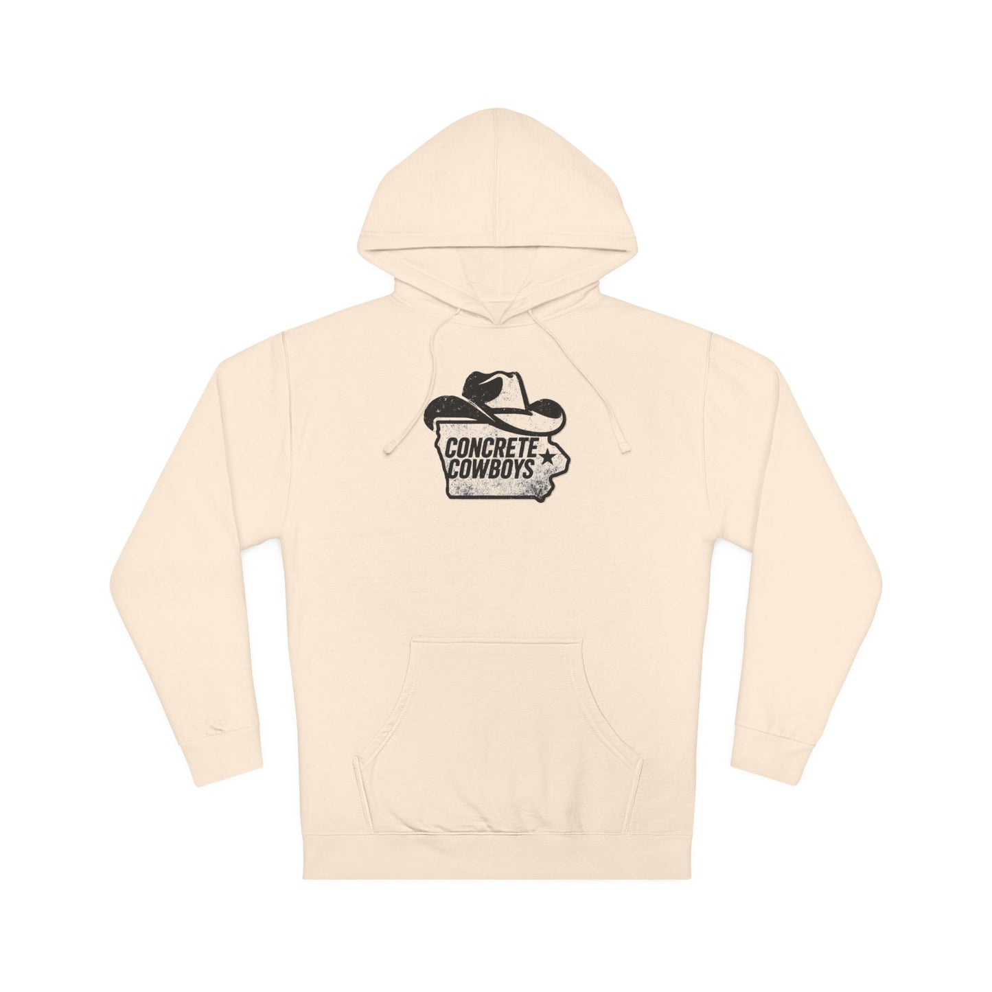 Heavyweight pullover hoodie in bone with Iowa Cowboy graphic.