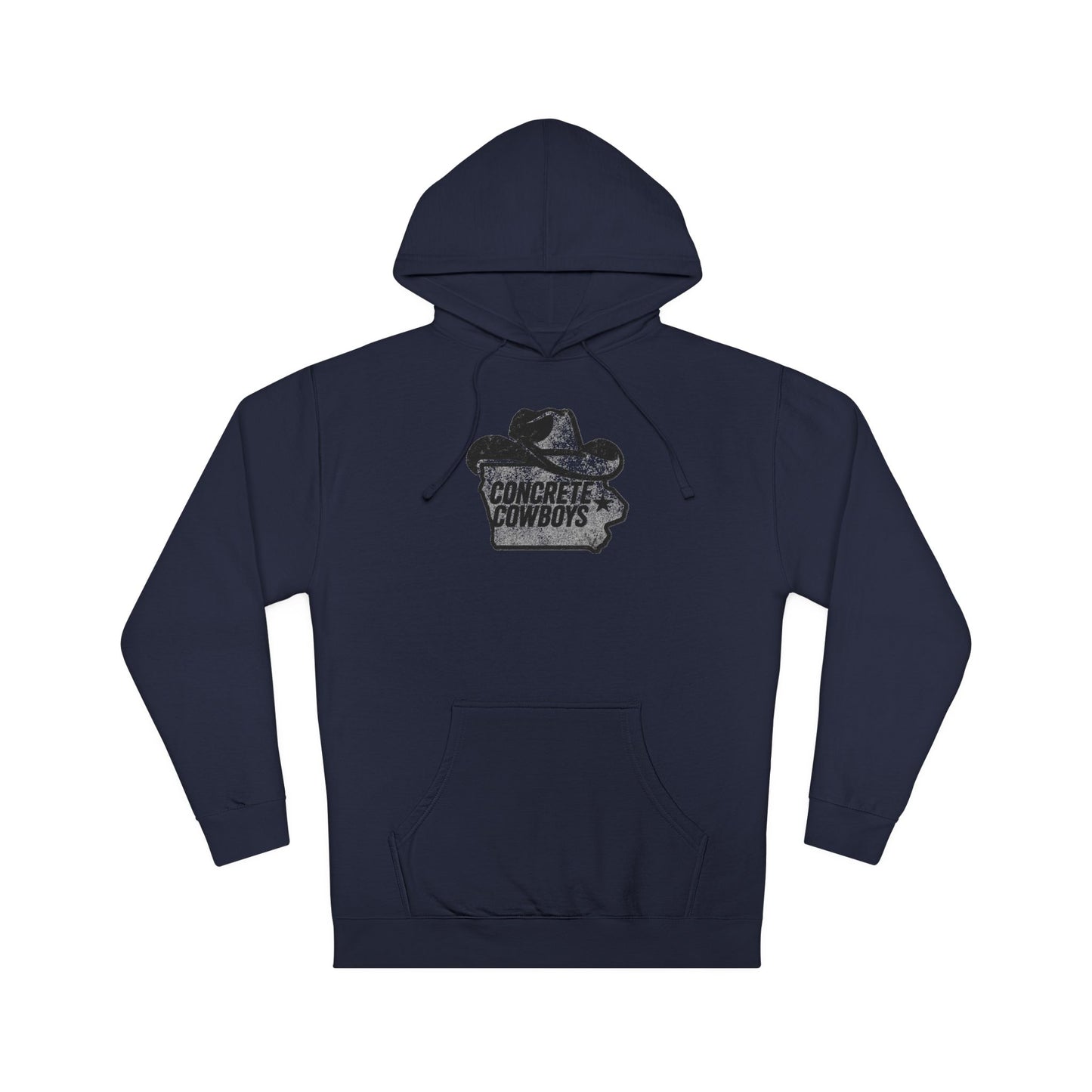 Heavyweight pullover hoodie in classic navy with Iowa Cowboy graphic.