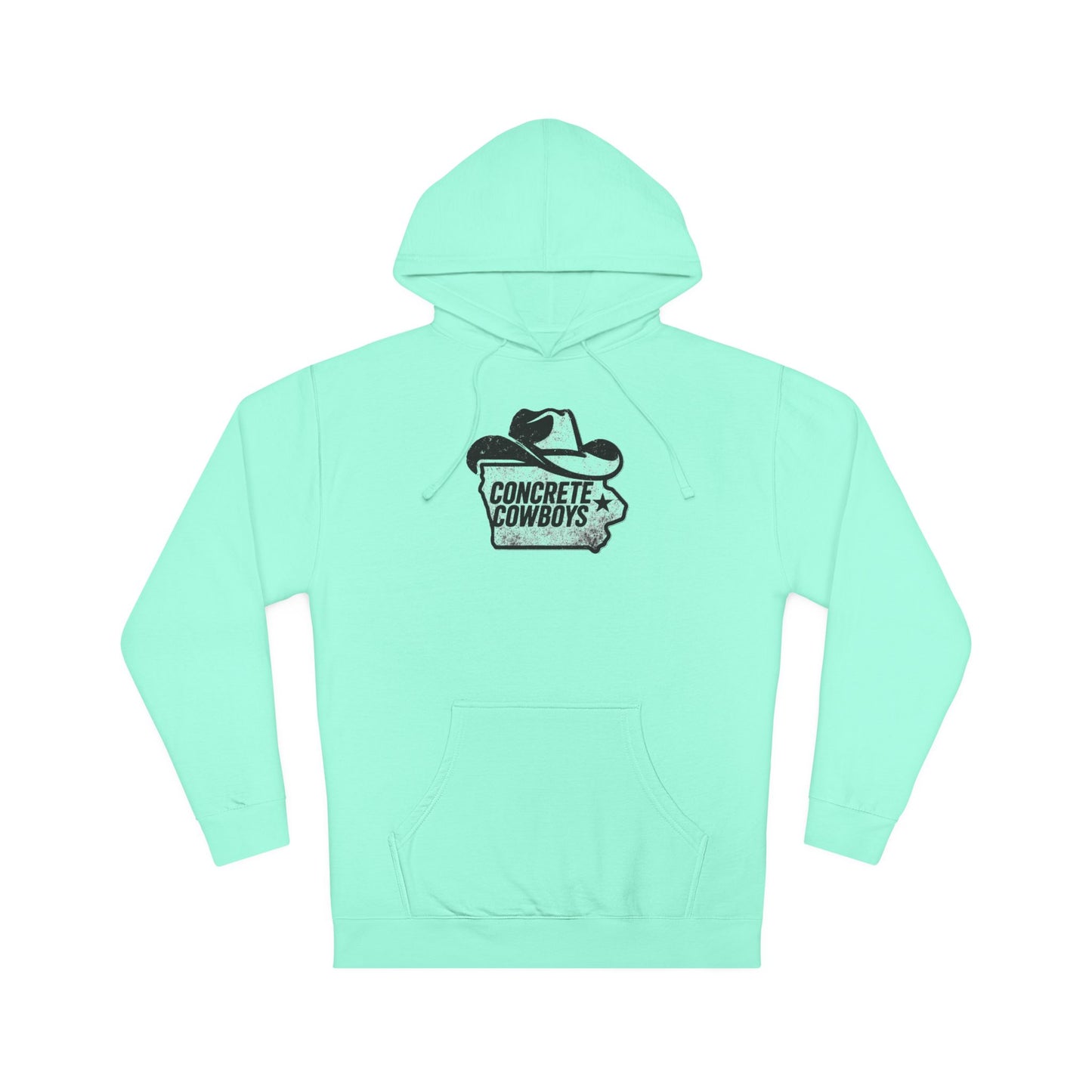 Heavyweight pullover hoodie in mint with Iowa Cowboy graphic.
