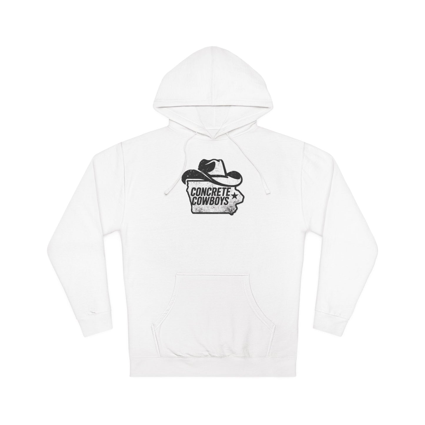 Heavyweight pullover hoodie in white with Iowa Cowboy graphic.