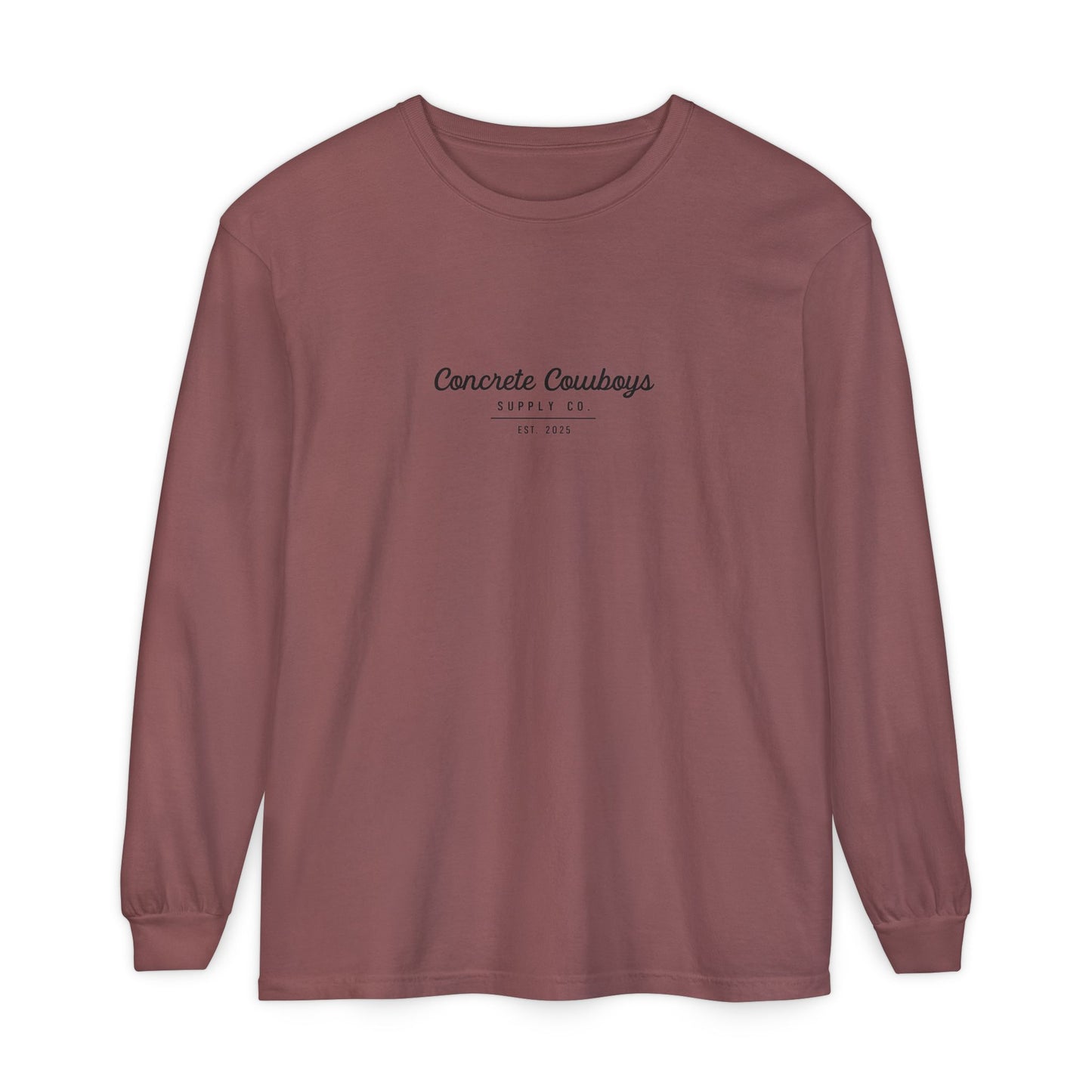 Long sleeve shirt in brick with EST logo on front.