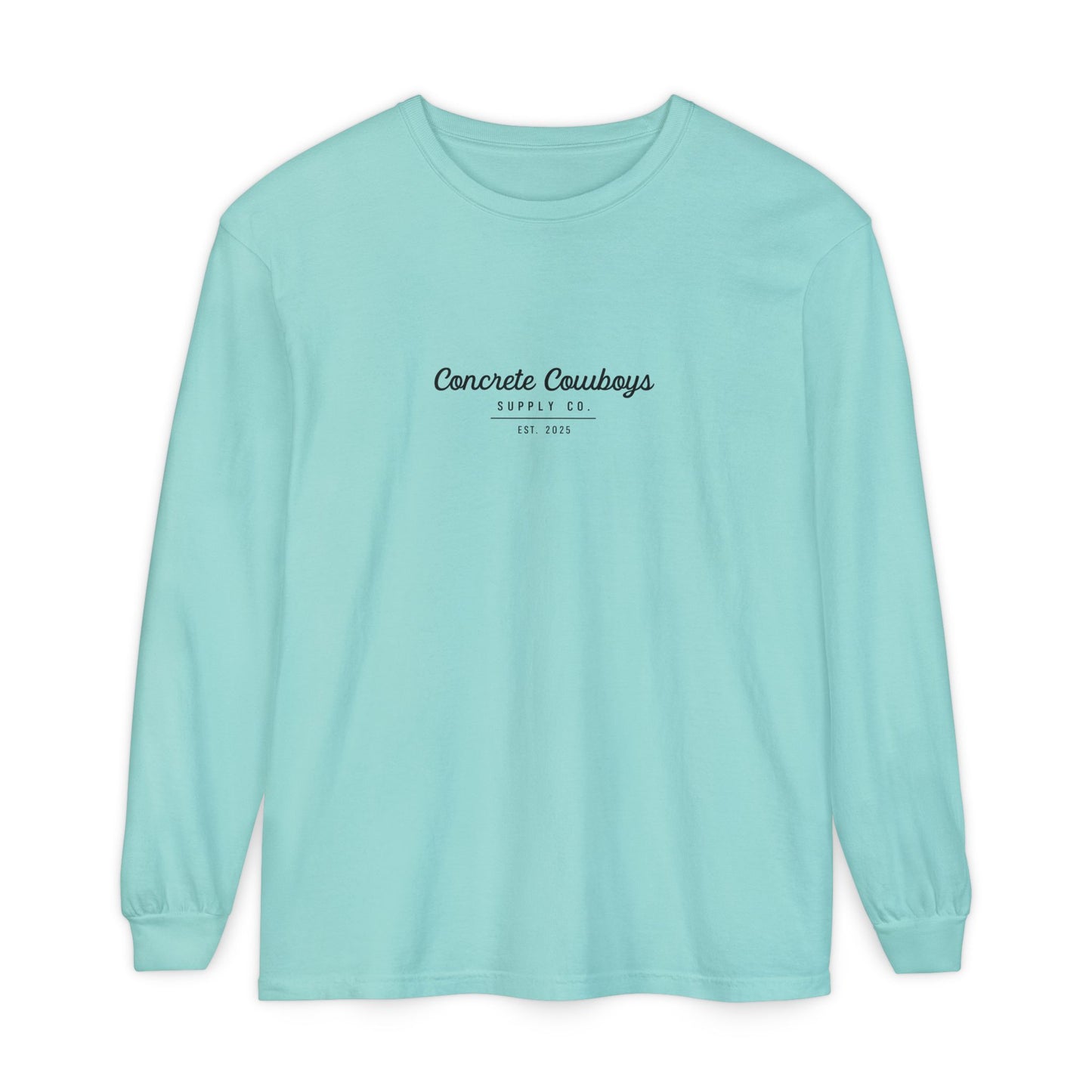 Long sleeve shirt in chalky mint with EST logo on front.