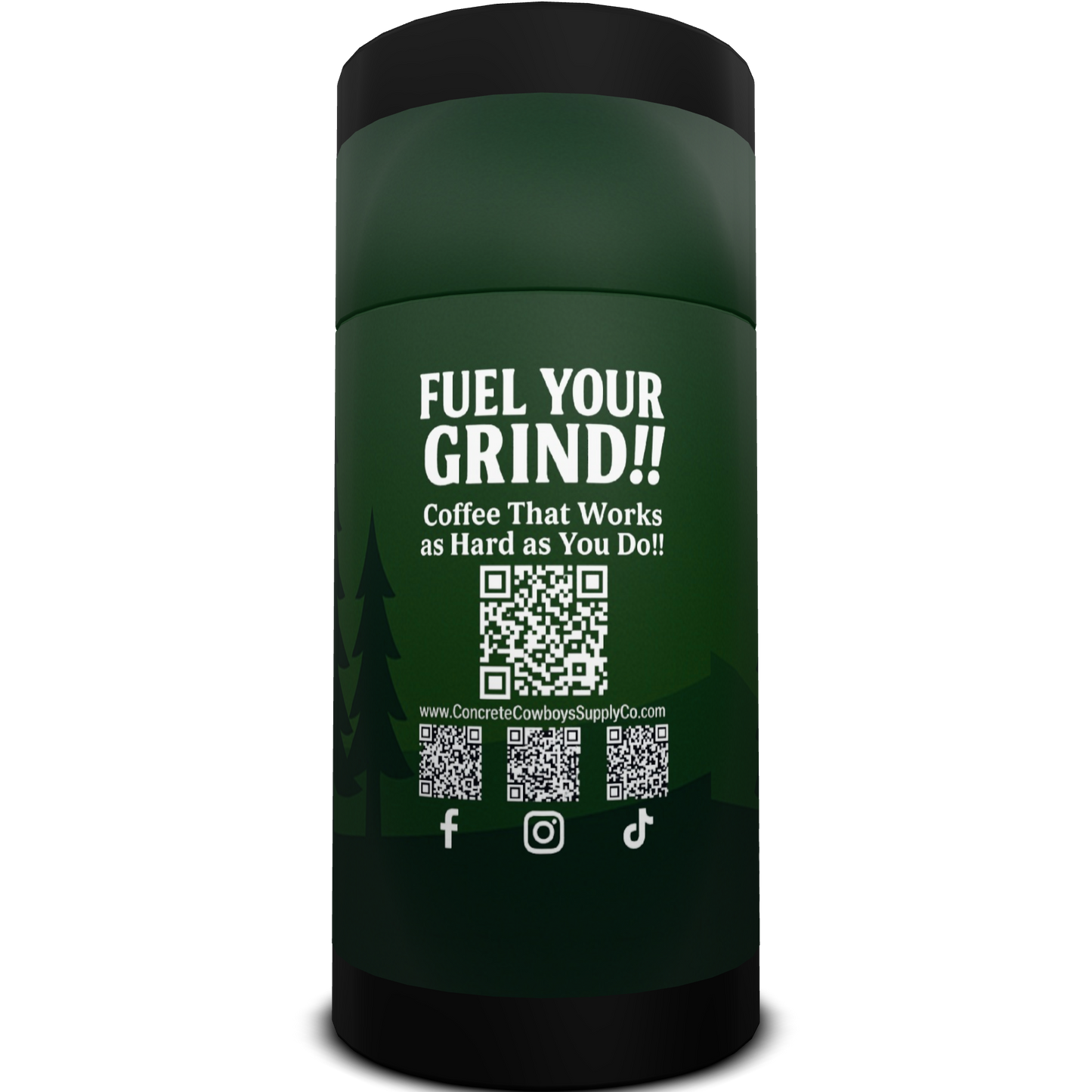 Back of the Concrete Cowboys Shade Grown Matcha bag showing QR codes linking to the website and social media pages