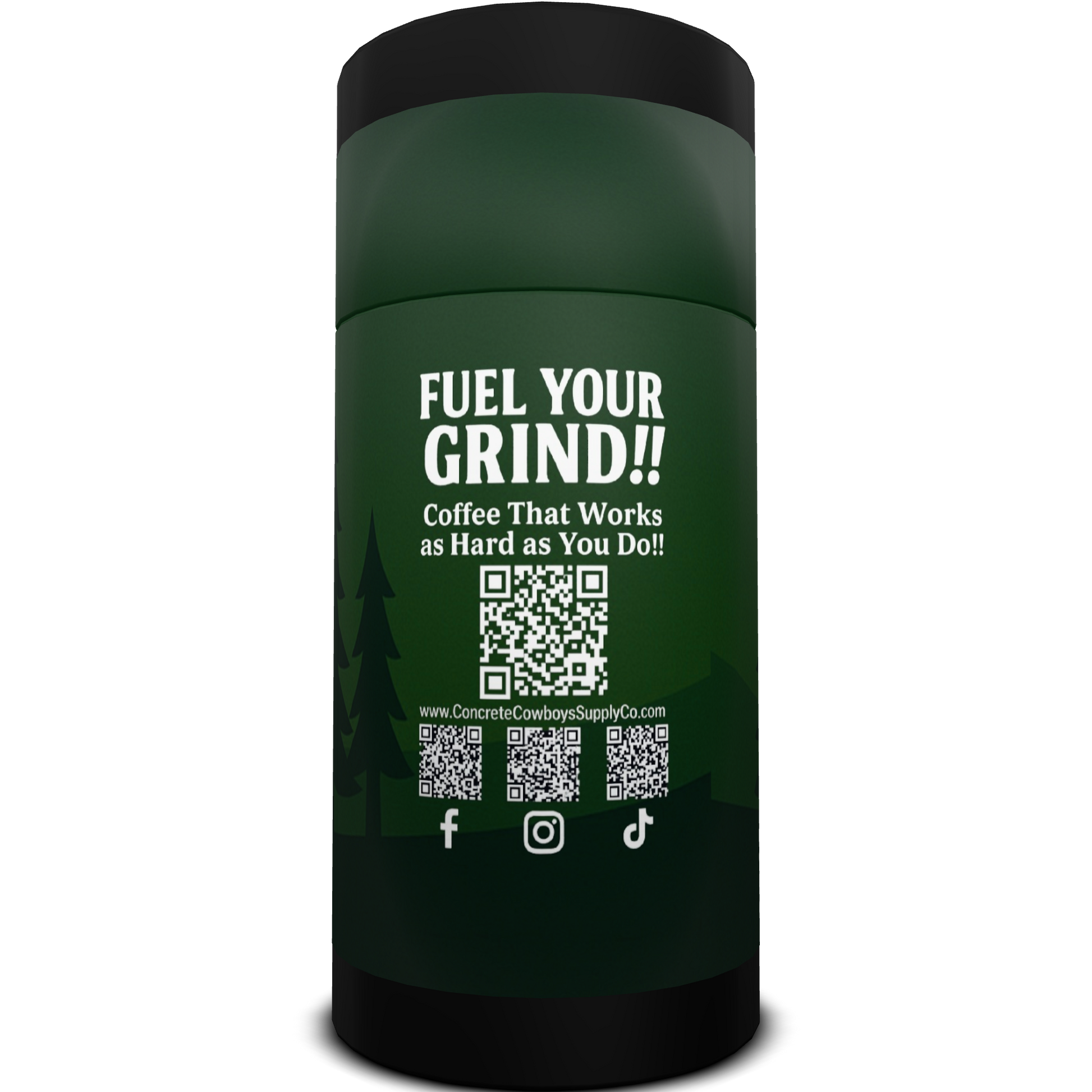 Back of the Concrete Cowboys Shade Grown Matcha bag showing QR codes linking to the website and social media pages