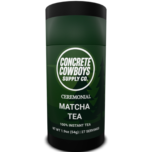 Concrete Cowboys Shade Grown Matcha front bag design featuring ceremonial-grade matcha branding, green aesthetic, and Fuel Your Grind style.