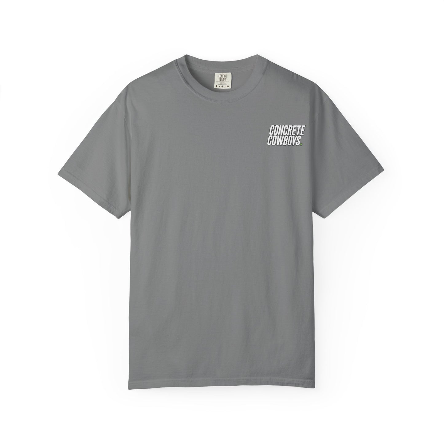T-shirt in granite with classic Concrete Cowboys logo on front.