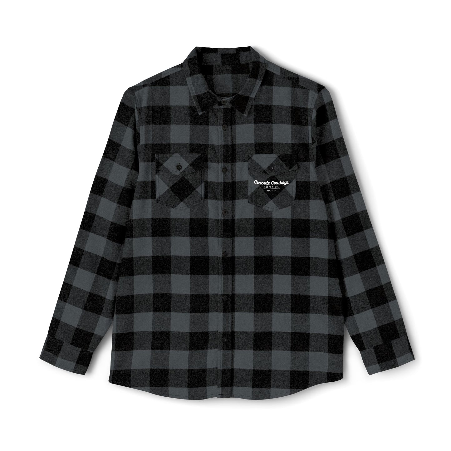 Heavyweight flannel in charcoal heather/black with EST logo on left pocket.