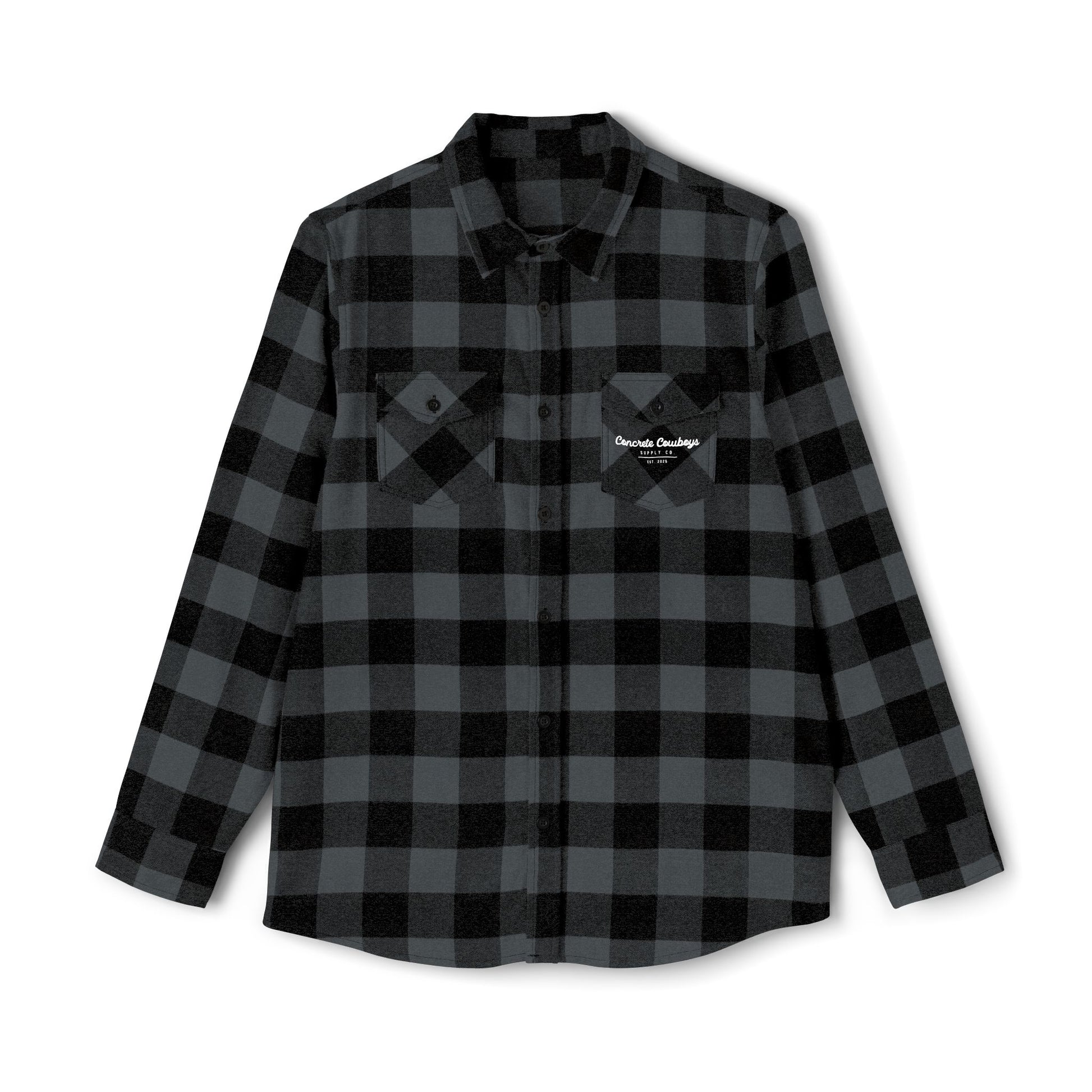 Heavyweight flannel in charcoal heather/black with EST logo on left pocket.