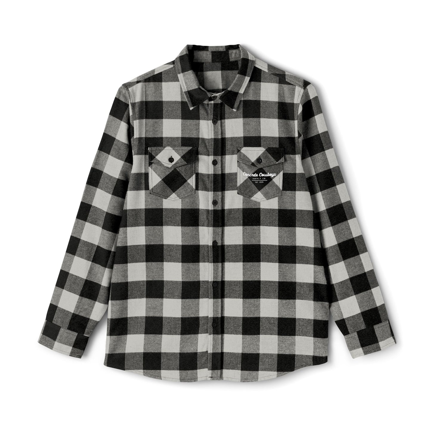 Heavyweight flannel in grey heather/black with EST logo on left pocket.