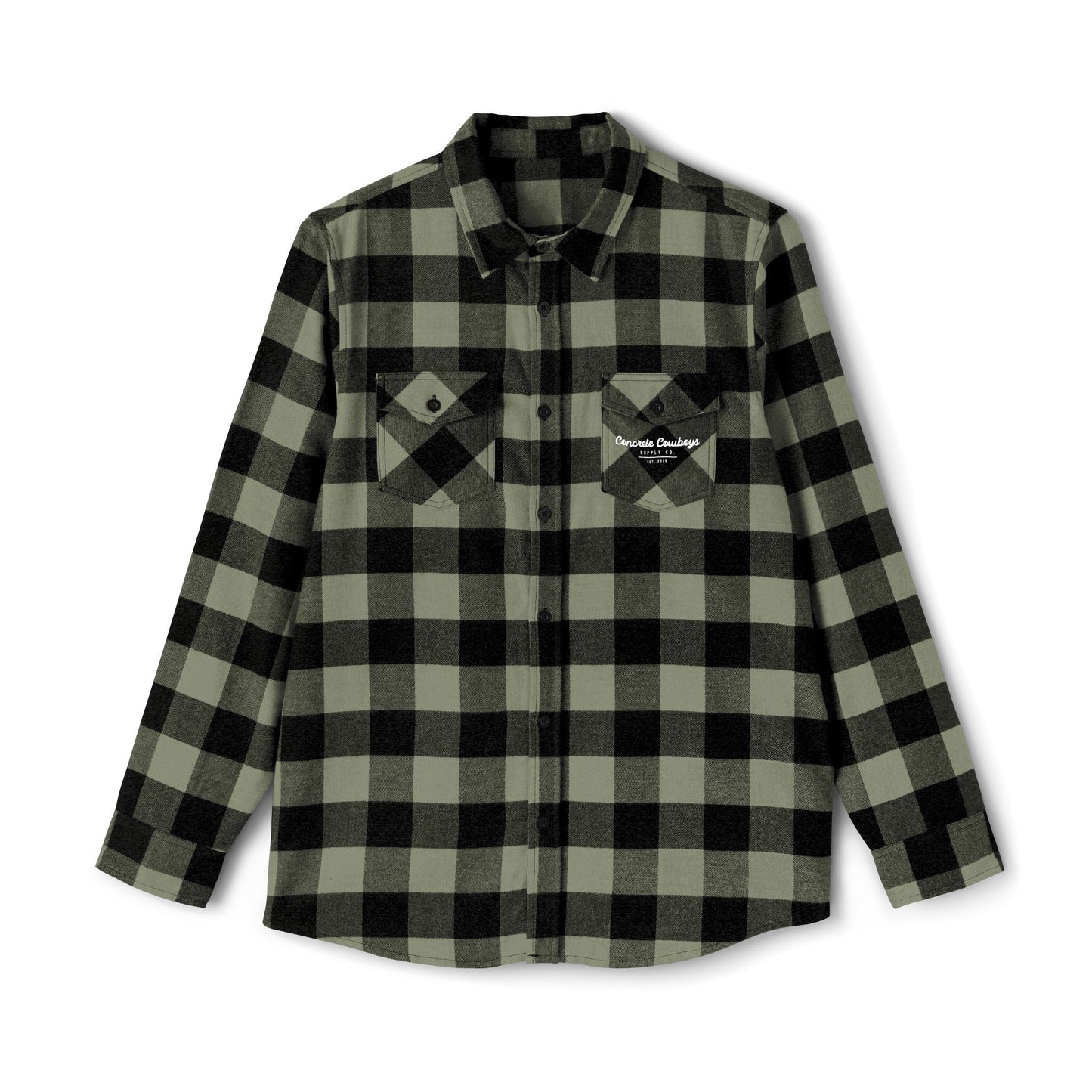 Heavyweight flannel in olive/black with EST logo on left pocket.