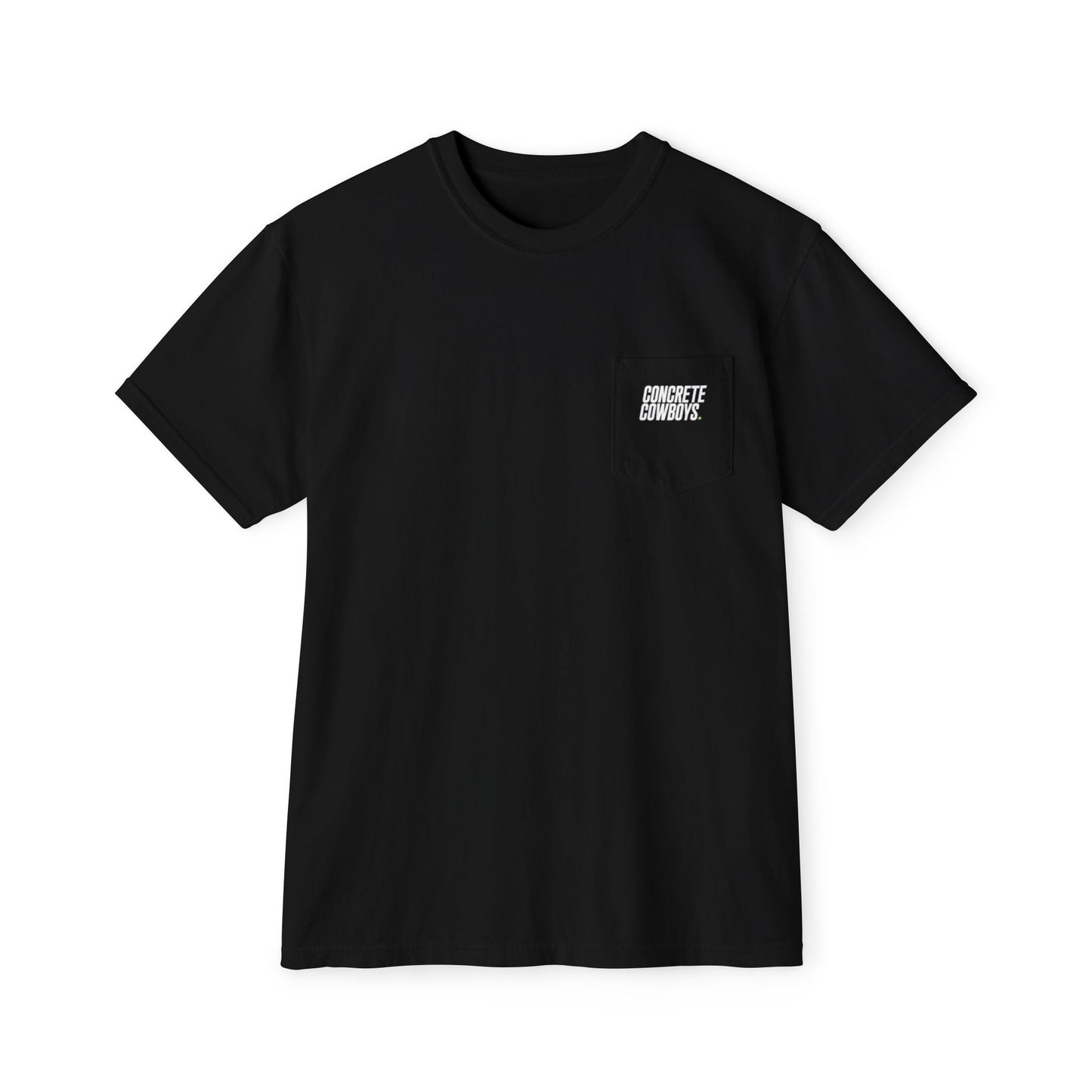 Pocket tee in black with classic Concrete Cowboys logo on chest pocket.