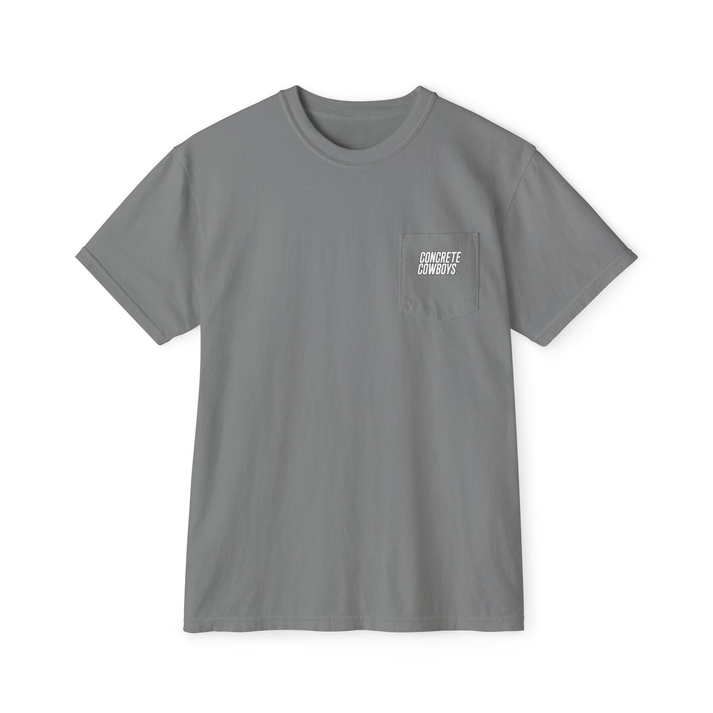 Pocket tee in grey with classic Concrete Cowboys logo on chest pocket.